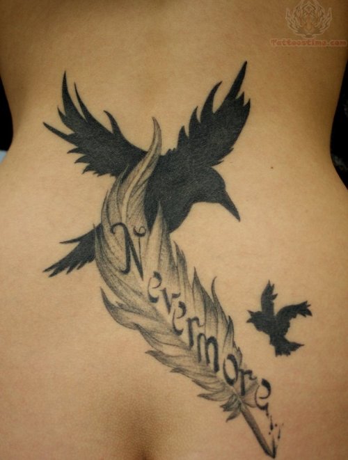Flying Birds and Feather Tattoo On Lowerback